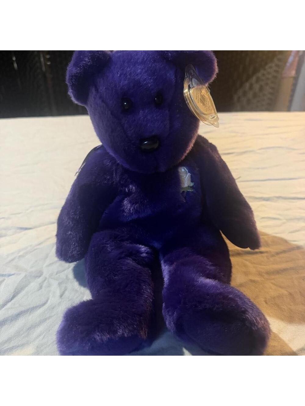 Ty Beanie Baby Princess Diana Purple Bear with White Rose Embroidery